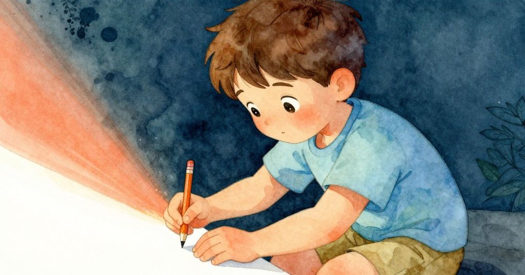 Sam專注調整白紙，用鉛筆輕描橘光的瞬間，表情堅定，溫暖光線映出他細心追尋轉瞬即逝的美好。