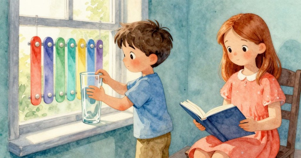 在寧靜的結尾，Sam將玻璃放回原位，彩虹輕舞在木琴上，Gemma安靜閱讀，房間中餘暉柔和而神秘。