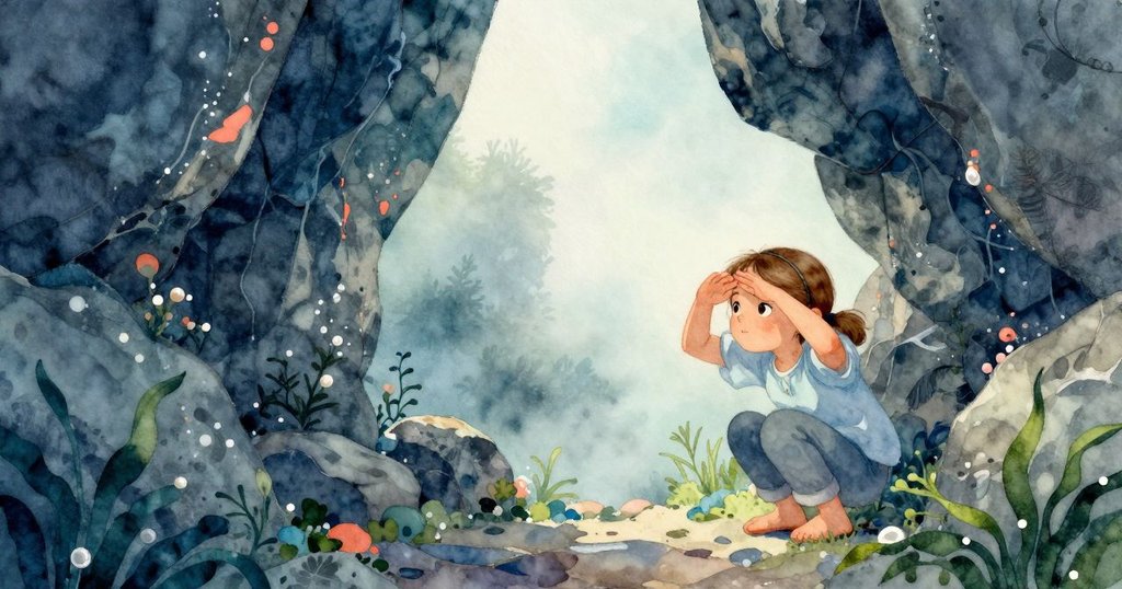 Mabel在岩石旁遮擋耀眼光線，清晨薄霧中專注觀察狹窄水縫，展現期待與好奇情緒