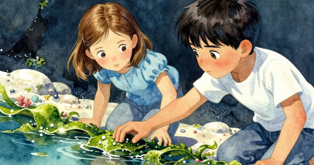 Mabel的手指輕觸沾有海藻的玻璃碎片，反射耀眼日光，細膩呈現自然紋理與堅持精神