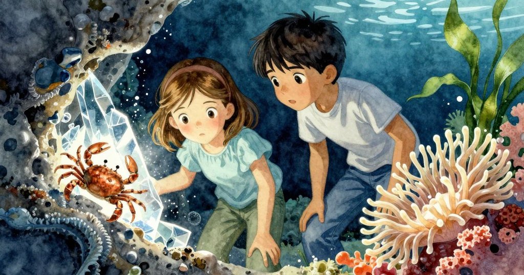 Mabel輕觸玻璃碎片，透過碎片照出銅色螃蟹與漂浮海葵，畫面傾斜呈現動感與神秘探索