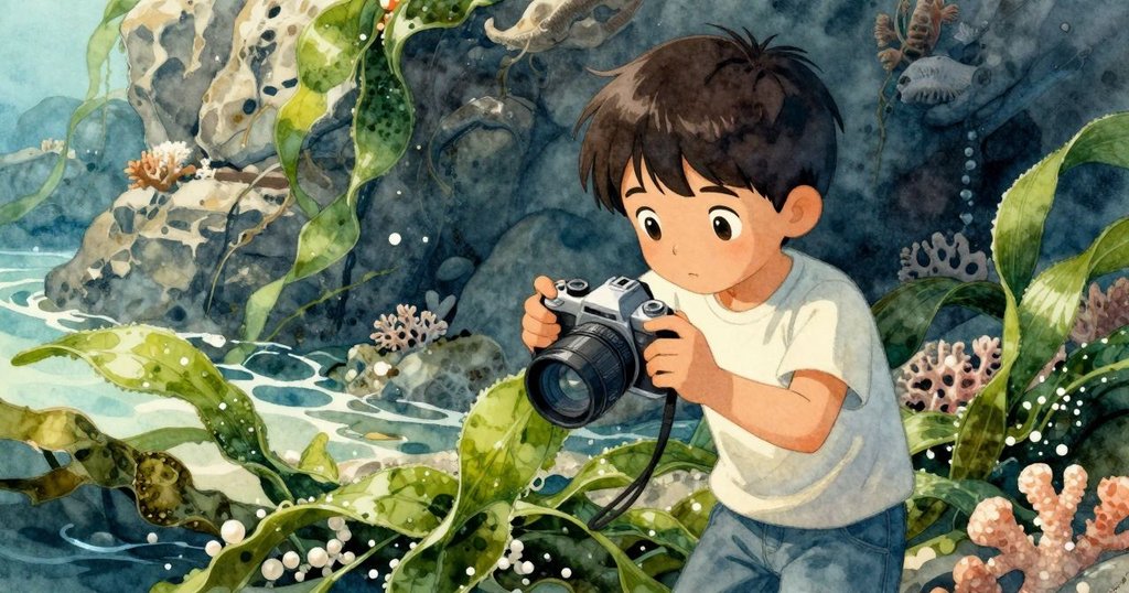 Jonas在岩石間調整相機捕捉搖曳海藻，背景展現明亮海岸與自然動態，充滿專注與探索情懷