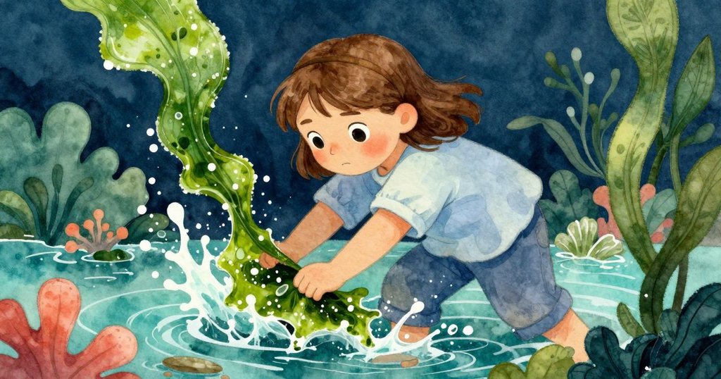 Mabel奮力推動覆有海藻的玻璃碎片，水花與寒冷噴霧襯托出她堅毅挑戰自然的動作瞬間