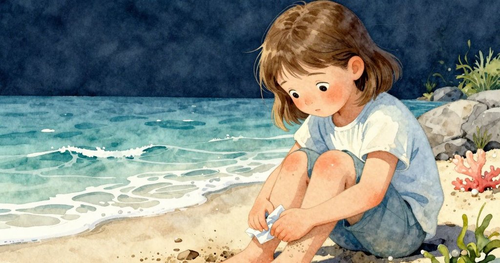 Mabel擦去膝上沙粒，靜觀速寫本，背景中退潮岩石與柔和光線襯托出平靜與思索情緒