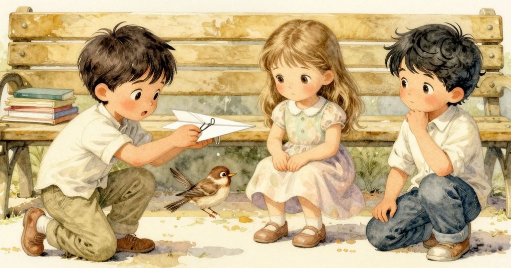 Inigo專心地在紙飛機上夾上紙夾,背景中展現出多層次的摺紙材料,細緻而充滿故事感