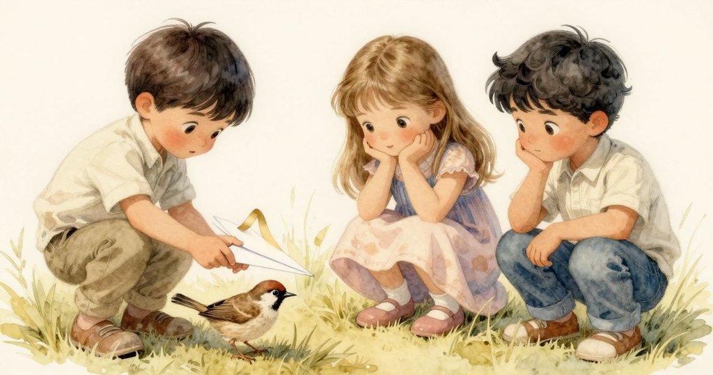 Inigo愉悅地完成紙飛機的最後修補,麻雀輕推著剩餘紙條,呈現出自然與創作之間的互動交流,結局充滿溫暖