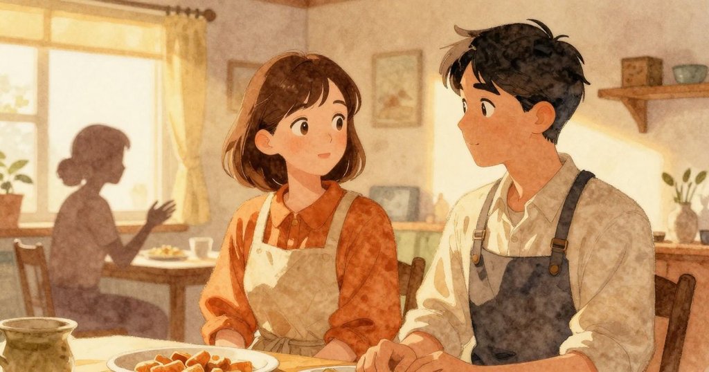 露西婭在明亮的餐廳中舉手指示，旁邊馬可準備接過番茄醬，氣氛溫馨而忙碌