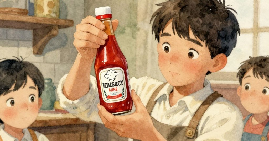 馬可的手正舉起紅色番茄醬瓶，瓶蓋輕輕碰觸調味盒，背景有餐廳細節，專注和溫暖