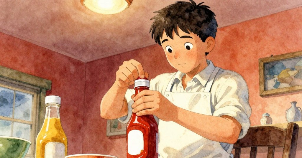 馬可從低角度中專注地扭轉紅色瓶蓋，他神情堅定，環境溫暖而細膩