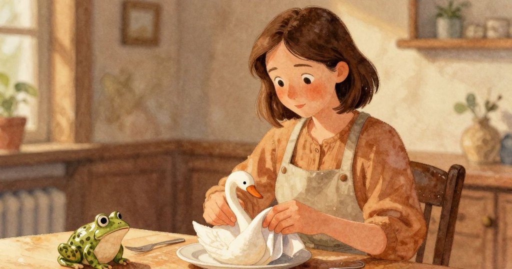 露西婭在餐桌上仔細摺著布巾成天鵝形狀，身邊有瓷製小青蛙和微弱的桌面聲響，環境溫馨