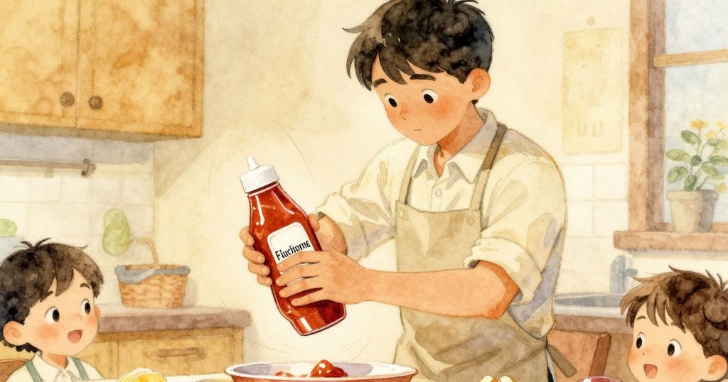 馬可輕輕敲擊番茄醬瓶底，與收銀機鈴聲呼應，動作中帶著節奏感，周圍環境逐漸靜謐