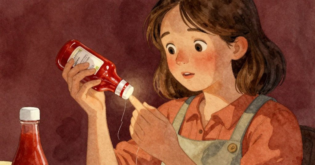 露西婭看著打開的番茄醬瓶，瓶子上的劃痕在燈光下閃耀，她露出如釋重負的神情，場景溫馨安靜