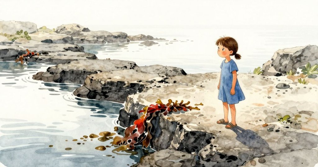 蘇蓮在岩石潮池邊蹲著，背景展示陽光下海邊岩石與藻類，情感期待與探險，開啟故事序幕