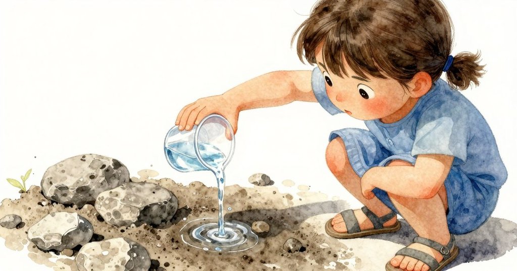 蘇蓮專注檢查塑膠水杯，倒出透明水珠沖刷岩石灰塵，動作細緻，展現實驗精神與細膩情感