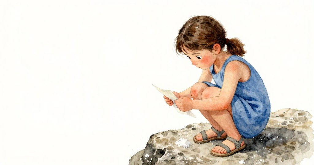 高角度視角下蘇蓮蹲在岩石上用筆記本記錄，背景呈現岩鹽結晶與海藻，情緒專注而期待