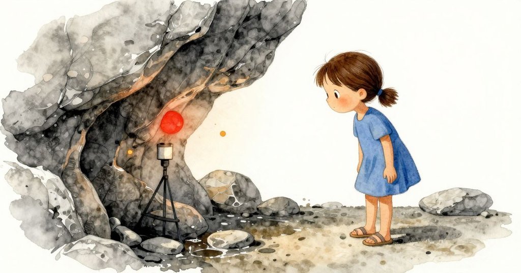 過渡區域展現岩石濕滑與乾燥界面，攝影機腳架發出琥珀光點，蘇蓮旁觀探查，空間感強烈