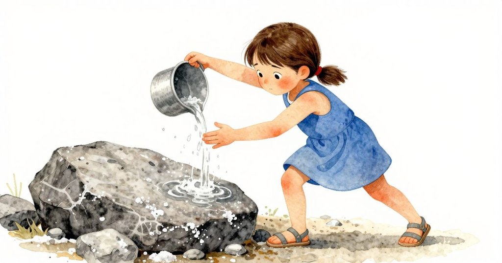 蘇蓮神情堅定，動作細膩地倒水降溫，應對岩石蒸發挑戰，與隱藏螃蟹互動，場景充滿熱與冷的對比