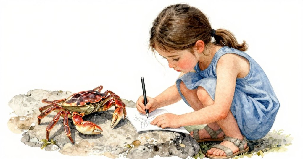 在靜謐瞬間，隱藏螃蟹露出斑紋殼邊，蘇蓮專注觀察記錄，最終發現令人欣喜，展現柔和光影與自然紋理