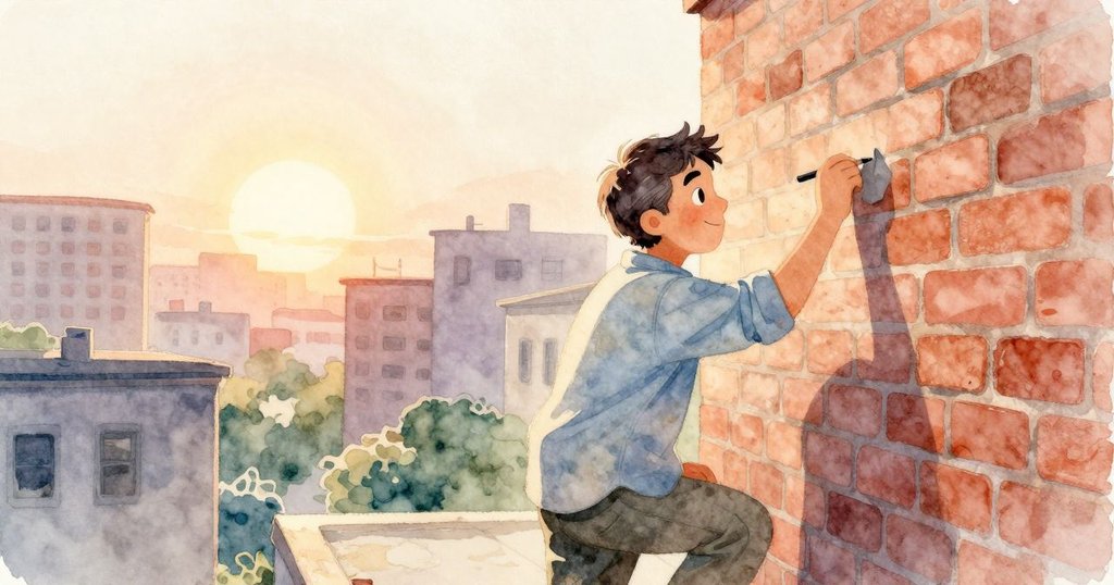哈里斯在斜角畫面中於城市牆面上揮動畫筆，夕陽映照下表情專注，牆面磚石細膩呈現故事開始