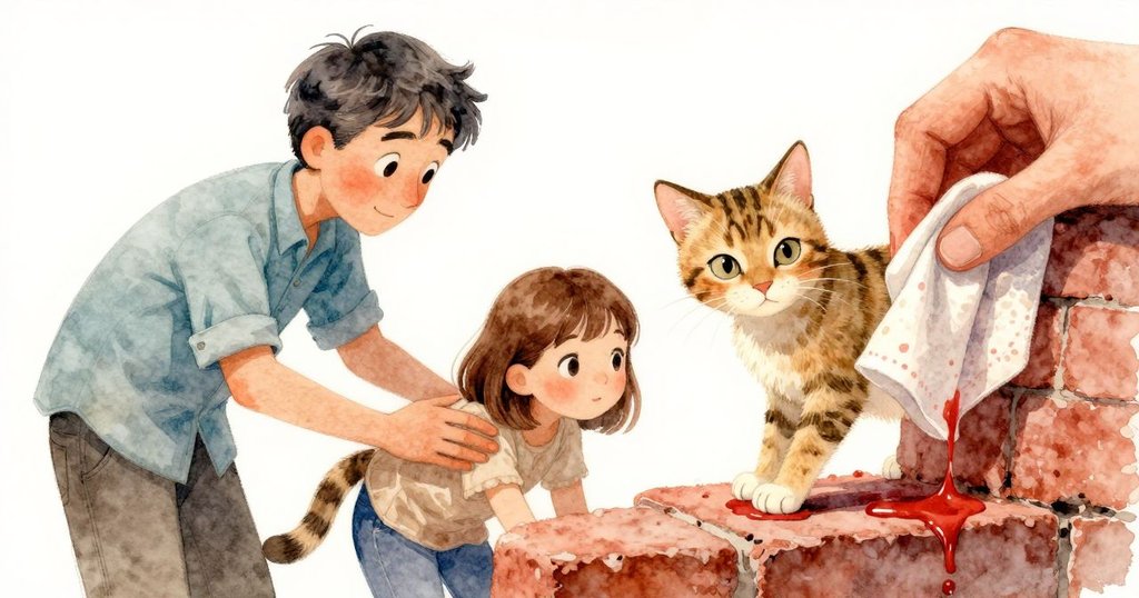 哈里斯伸手近距離處理牆面紅漬，濕布與粗糙磚石交織出意外細節，細膩展現故事發展