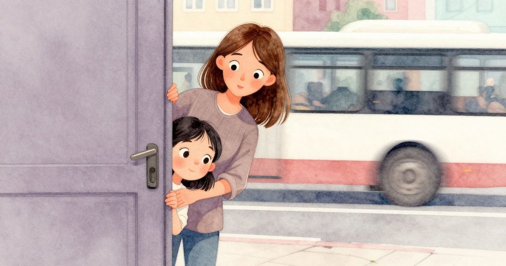 莉莉透過門縫小心觀望，臉上流露出疑惑與驚奇背景中城市巴士掠過，情感微妙展現故事轉折