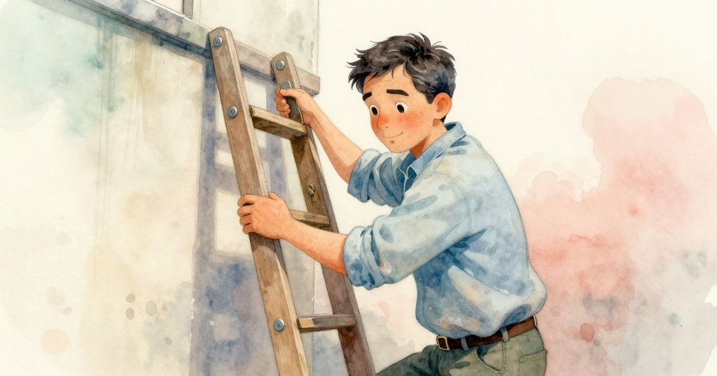 哈里斯在樓梯旁不經意觸碰金屬釘子，旁邊香草小包散落，隱蔽角落中流露城市神秘氛圍