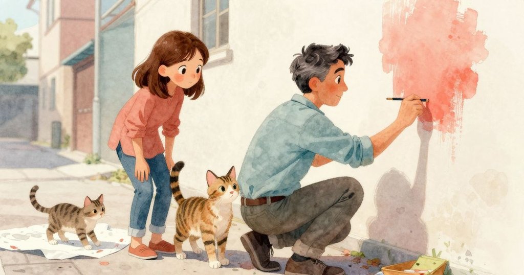 哈里斯蹲下調整畫筆拖動紅漆，莉莉滿懷欣賞觀看，流浪貓輕步經過油漆佈置，展現互動與藝術氛圍
