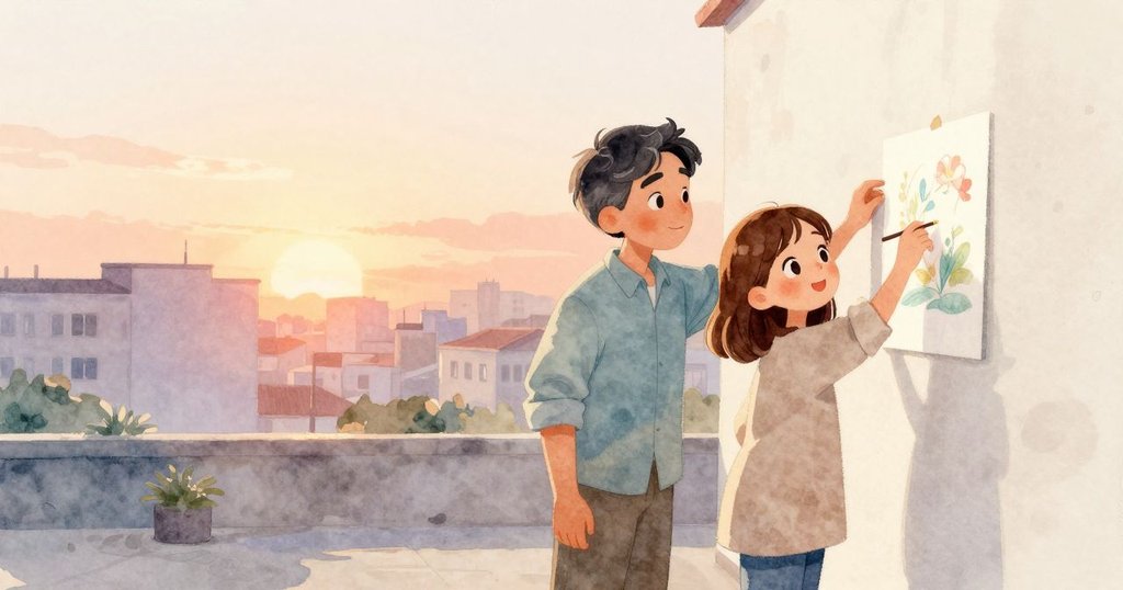 哈里斯與莉莉站在陽光下欣賞完成的綠葉畫作，紅邊清晰定義，夕陽餘暉中流露著溫暖告別情緒