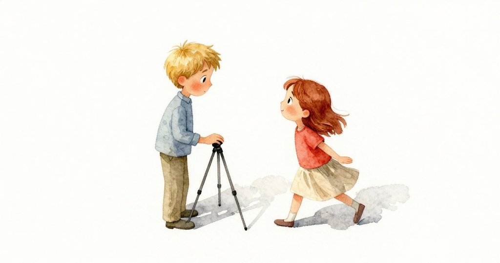 奧莉薇亞按 tripod 腿調整，維哥擦手腕，室外草地上有紫色油彩紙，早晨陽光溫暖，鳥瞰視角