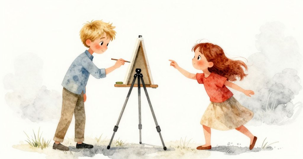 奧莉薇亞和維哥在完成的畫作旁靜靜欣賞，穩固 tripod 與層次豐富油彩紙共同營造安寧景致