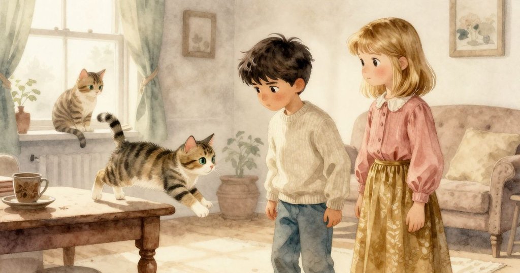 奧利安跪在桌旁調整鏡子,艾瑞斯在窗邊閱讀,貓在窗台注視光斑,背景晨霧柔和、溫馨宜人