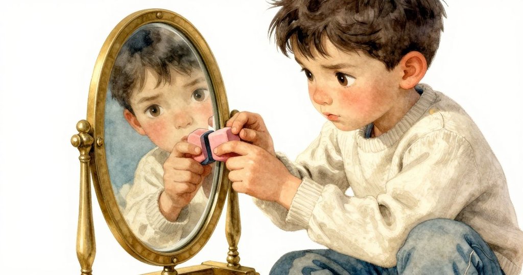 奧利安專注用手固定鏡子,粉紅橡皮穩穩托住,書本溫暖背景中陽光直射,細節清晰