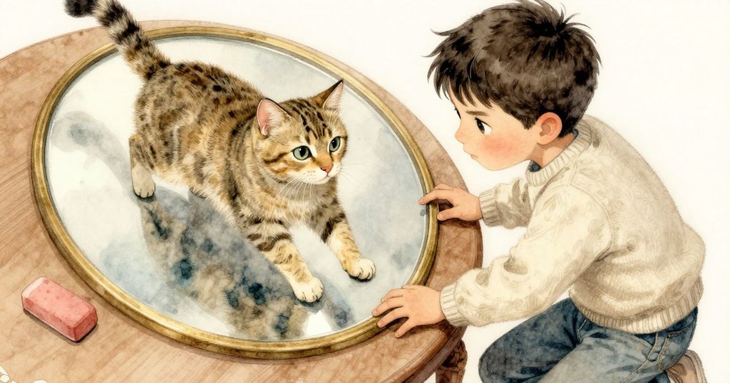 從上方俯視桌面,上鏡子、書本與橡皮精心排列,貓兒跳躍帶來微妙動態,細節豐富