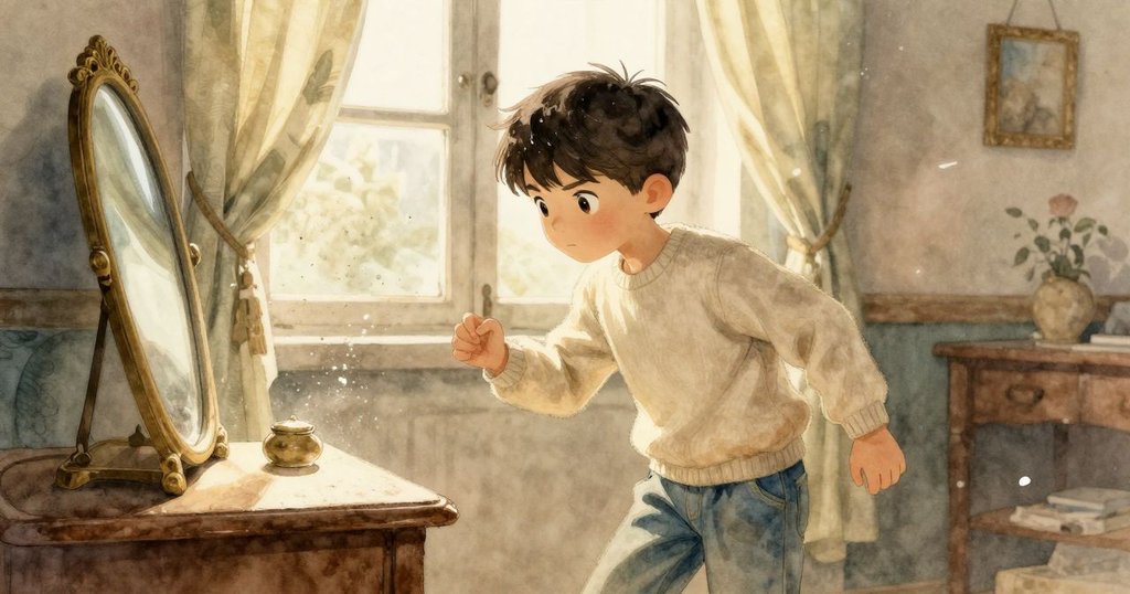 窗邊透入暖陽,輕風中塵粒舞動,鏡子微調角度,整個房間充滿詩意與溫柔光影