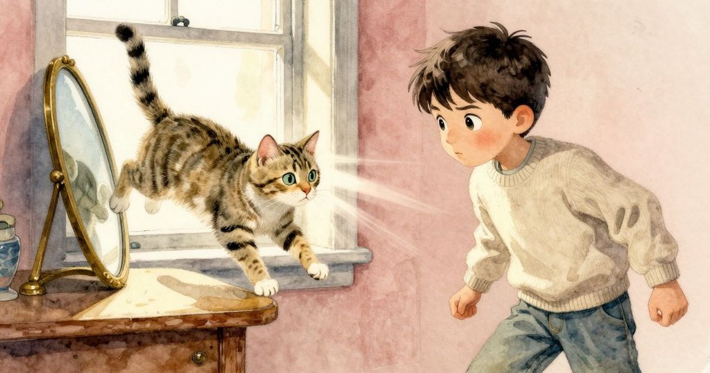 貓兒跳躍撞動窗台,桌子劇烈搖晃,奧利安驚慌快速反應,光斑與陰影交錯營造緊張氣氛