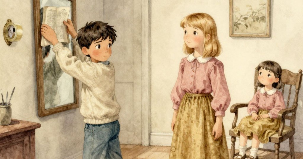 奧利安用字典和膠帶穩定鏡子,艾瑞斯微笑注視,房間逐漸恢復平靜,光斑穩定散落暖意中