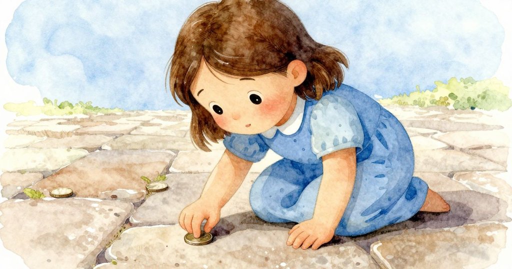 Willa輕輕觸碰冰涼硬幣，硬幣映出斜向圖案，展現發現秘密軌跡的瞬間，畫面細膩生動。