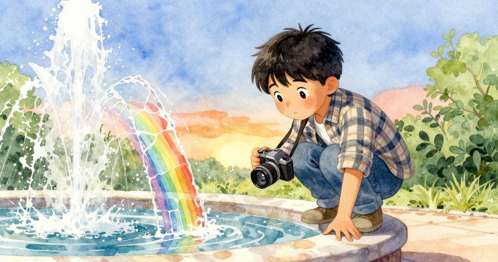 Fletcher蹲在噴泉邊緣，用相機捕捉傾斜的彩虹反射，畫面充滿動感與細膩光影。