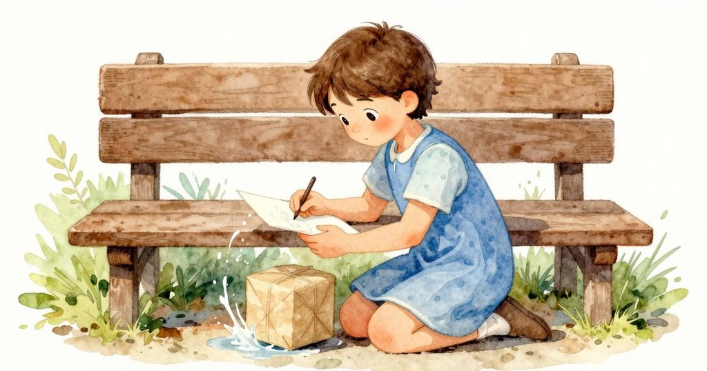 Willa蹲於樹蔭下的長椅上，用心於筆記本上描繪流動圖案，面帶堅定神情，環境充滿溫暖光影。