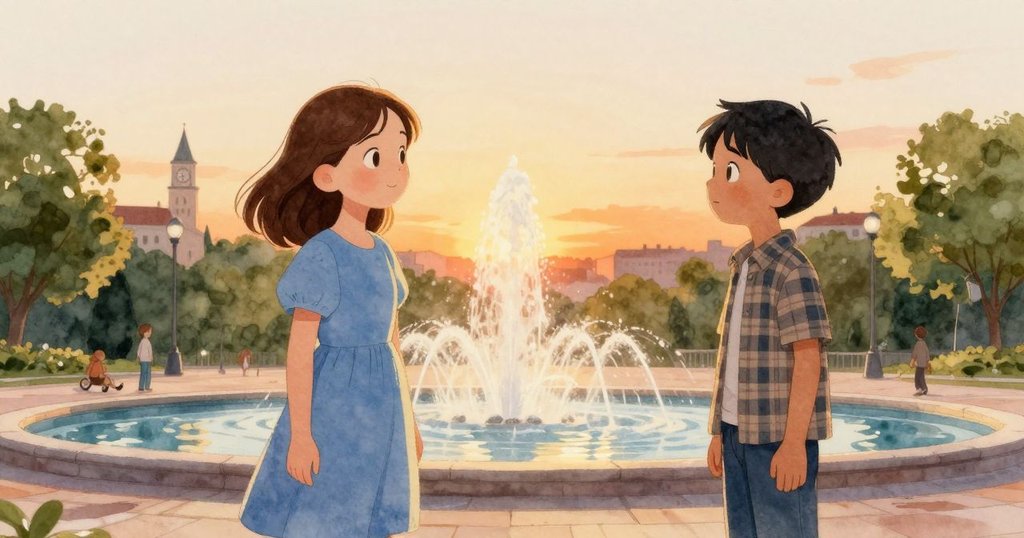 在黃昏金色光輝中，Willa與Fletcher站在廣場上凝望著閃耀如銀手鐲的噴泉，遠處鐘樓增添沉靜韻味。