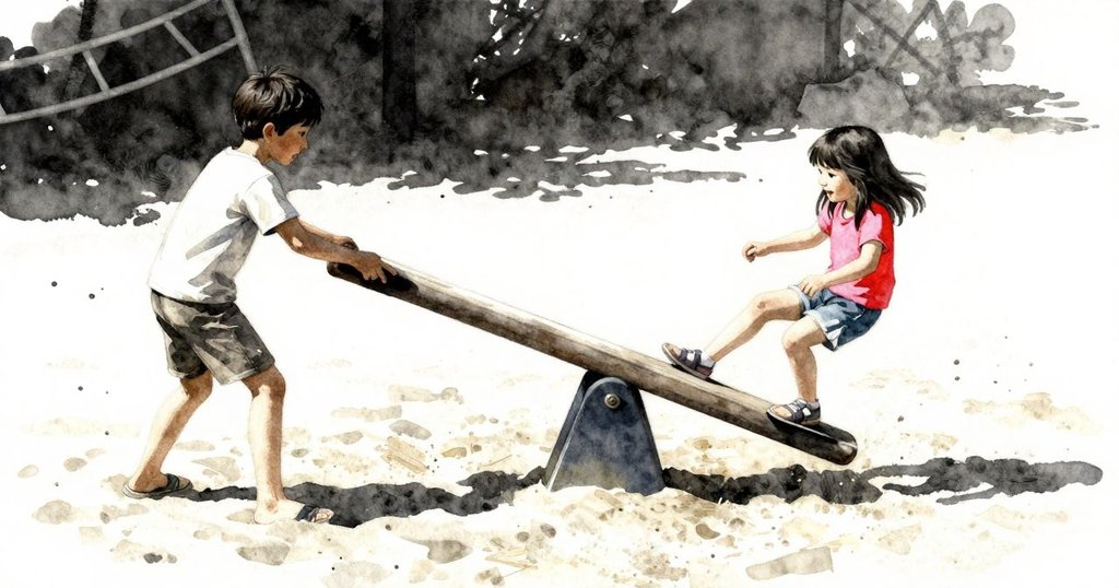 Drake正在敲打擺動搖搖板, Yvette在高端等待, 斜角構圖呈現沙粒飛揚, 整體氛圍充滿好奇與期待