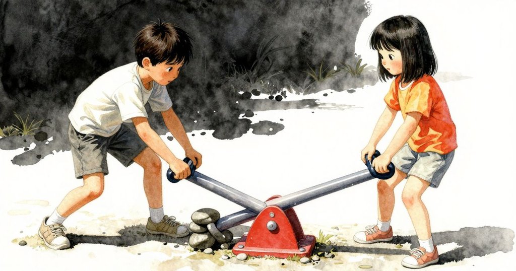 從高處俯瞰, Drake正放置石頭於搖搖板上, Yvette目光專注, 沙粒與木板細節豐富, 合作求平衡