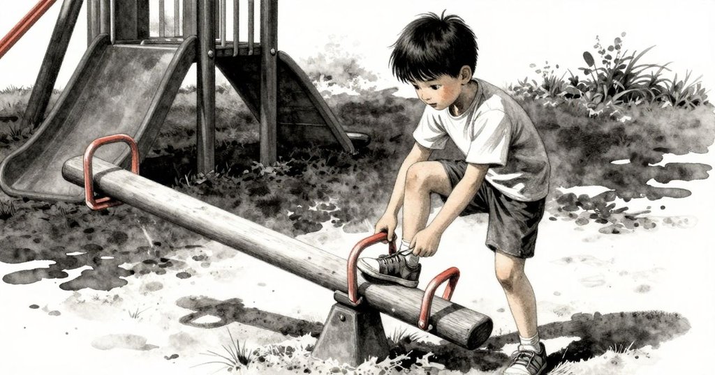 Drake發現鞋帶解開, 推動沙子形成細流, 動作連貫帶來平衡轉變, 畫面光影漸變, 情緒緊張