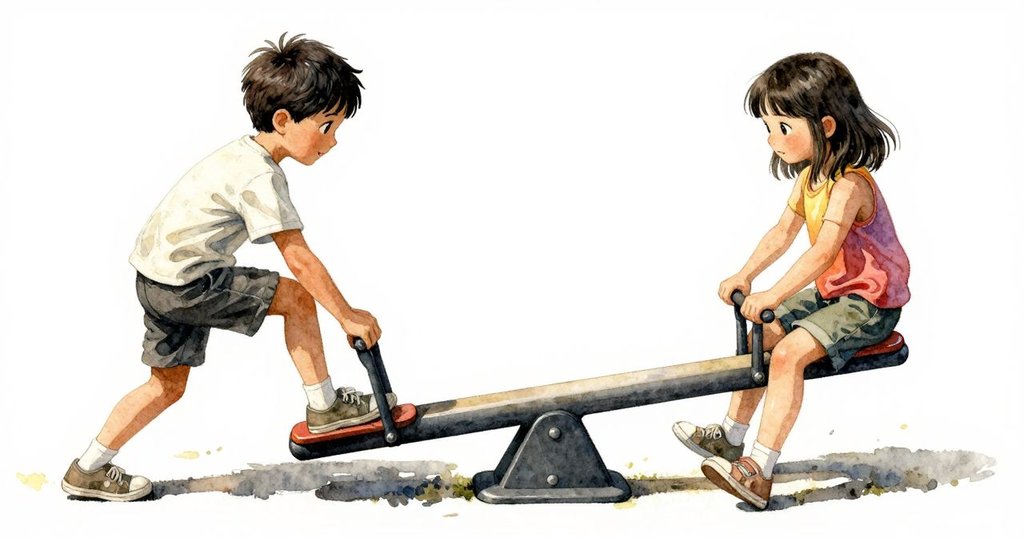 Yvette以運動鞋抵住搖搖板扶手, Drake調整站姿, 兩人密切協作保持平衡, 光線明亮且充滿活力