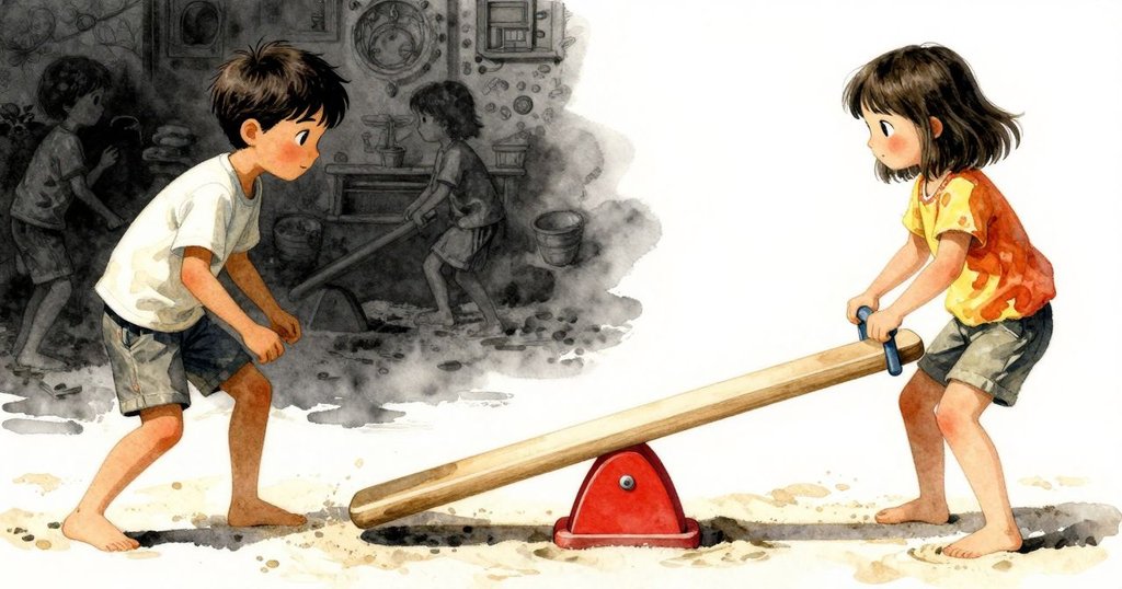 沙子沿搖搖板中心緩緩滲流, Drake與Yvette在背景中展露堅定神情, 平衡暫時達成, 預示後續冒險