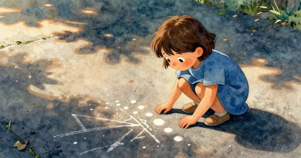 凱蒂亞蹲在溫暖的車道上，注視著粉筆點形成的曲線，陽光與陰影交織，充滿驚奇與探索的情緒