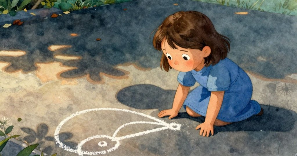 從低角度仰望凱蒂亞，她站立著檢視粉筆創新成果，目光堅定，背景中有變幻的陰影