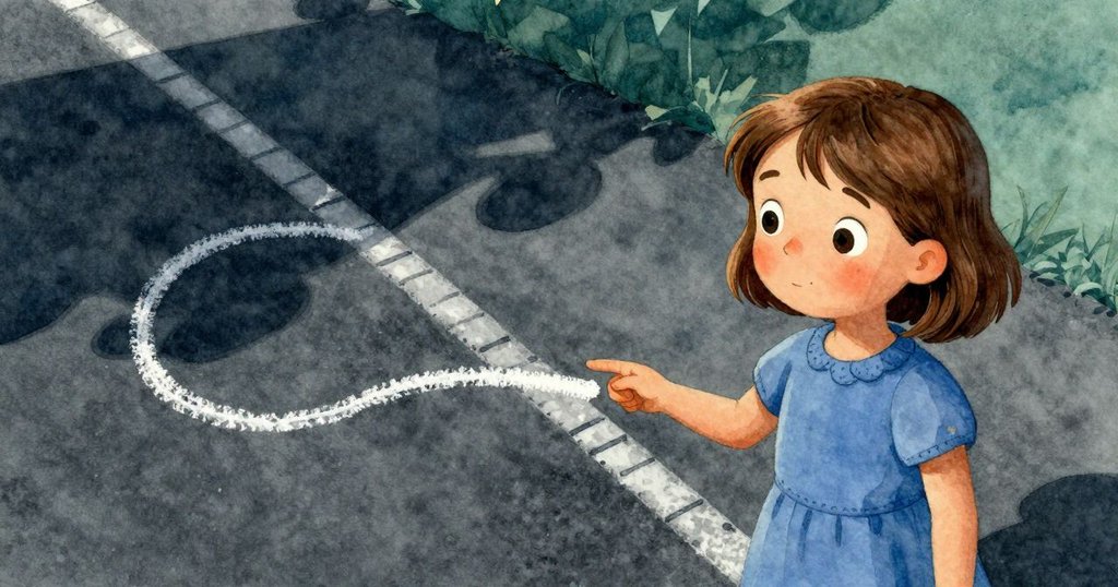 呈現一個似夢似幻的車道畫面，粉筆曲線與隆起的痕跡交錯，凱蒂亞正在比對這超現實構造