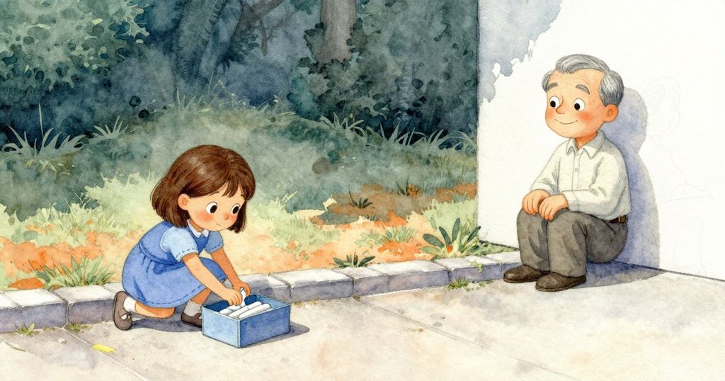 寧靜畫面中，凱蒂亞放回藍色粉筆入盒，車道上粉筆積層和陰影柔和流動，爺爺靜心作畫