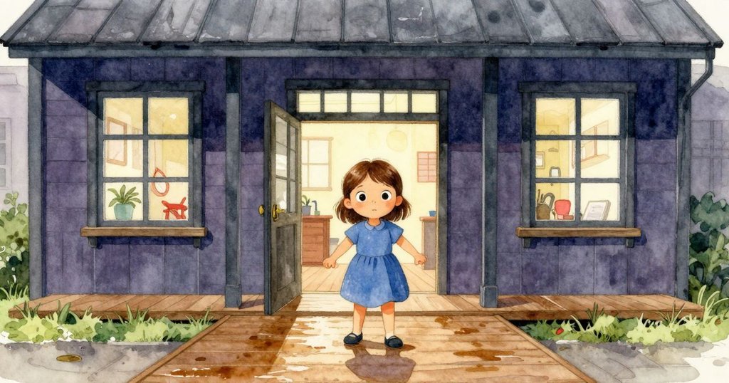 在外部，Zara步向工藝中心入口，雨後木製坡道閃著光，環境充滿溫暖柔和燈光